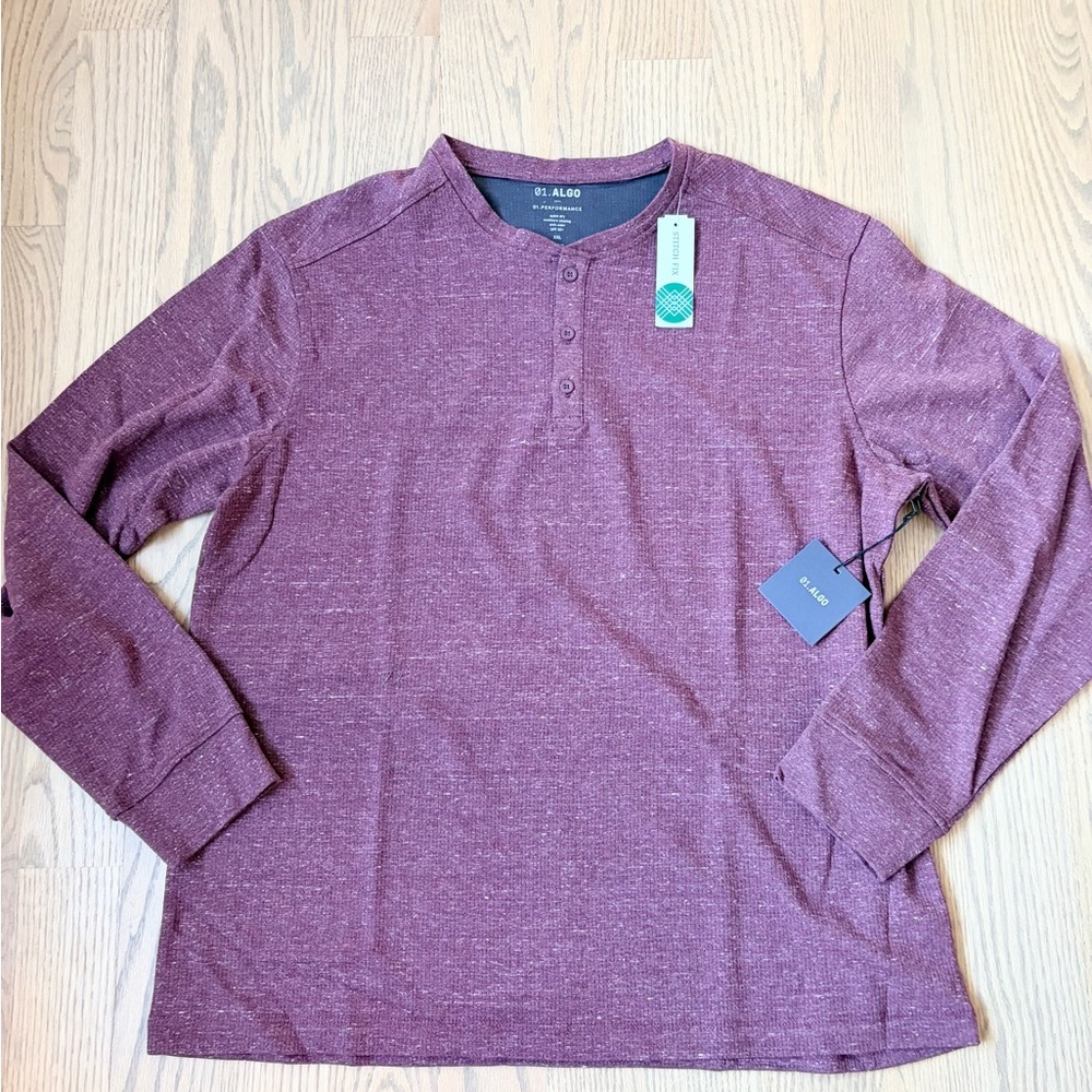NWT 01.ALGO Performance Maroon Long Sleeve Henley Waffle Knit Heathered Shirt
